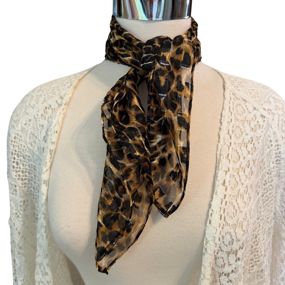 Cezanne Leopard Print Square Scarf Sheer Animal Pattern Brown Black Gold